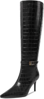 Knee High Boots Women Stiletto High Heel 3.3in, Side Zipper Pointed Toe Metal Buckle Tall Boots Dress Boots for Women, Comfortable Faux Leather Below the Knee Long Boots