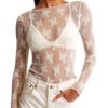 KTILG Womens Lace Long Sleeve Boat Neck Tops Embroidery Sheer Blouse Sexy See Through Shirt Mesh Top S-XXL