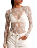 KTILG Womens Lace Long Sleeve Boat Neck Tops Embroidery Sheer Blouse Sexy See Through Shirt Mesh Top S-XXL