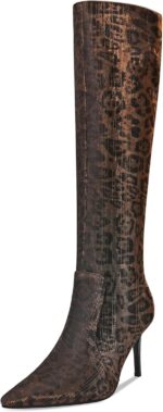 Leopard Print Knee High Boots Women Stiletto High Heel 3.3in, Cheetah Print Side Zipper Pointed Toe Tall Boots Dress Boots for Women, Animal Print Below the Knee Long Boots