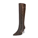 Leopard Print Knee High Boots Women Stiletto High Heel 3.3in, Cheetah Print Side Zipper Pointed Toe Tall Boots Dress Boots for Women, Animal Print Below the Knee Long Boots