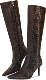 Leopard Print Knee High Boots Women Stiletto High Heel 3.3in, Cheetah Print Side Zipper Pointed Toe Tall Boots Dress Boots for Women, Animal Print Below the Knee Long Boots