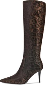 Leopard Print Knee High Boots Women Stiletto High Heel 3.3in, Cheetah Print Side Zipper Pointed Toe Tall Boots Dress Boots for Women, Animal Print Below the Knee Long Boots