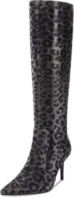 Leopard Print Knee High Boots Women Stiletto High Heel 3.3in, Cheetah Print Side Zipper Pointed Toe Tall Boots Dress Boots for Women, Animal Print Below the Knee Long Boots