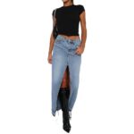 lisenraIn Women Long Denim Skirt Front Slit Maxi Skirt Y2K Fashion Streetwear High Waist Jean Skirt with Pockets