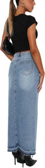 lisenraIn Women Long Denim Skirt Front Slit Maxi Skirt Y2K Fashion Streetwear High Waist Jean Skirt with Pockets