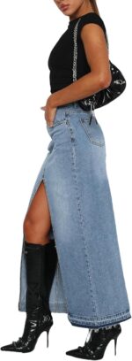 lisenraIn Women Long Denim Skirt Front Slit Maxi Skirt Y2K Fashion Streetwear High Waist Jean Skirt with Pockets