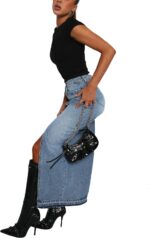 lisenraIn Women Long Denim Skirt Front Slit Maxi Skirt Y2K Fashion Streetwear High Waist Jean Skirt with Pockets