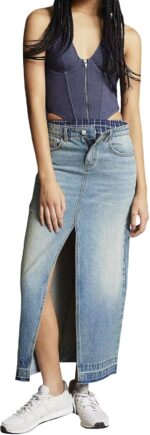 lisenraIn Women Long Denim Skirt Front Slit Maxi Skirt Y2K Fashion Streetwear High Waist Jean Skirt with Pockets