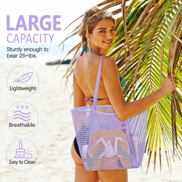 Livhil Purple Beach Bag Mesh Beach Tote Large Bag 2024 Upgrade for Women with Multiple Pockets for Family Travel Swimming Waterproof Pool Bag