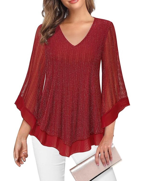 Lotusmile Womens Dressy Blouse Double Layers Mesh Shirt Ruffle 3/4 Flared Sleeve Tunic Tops