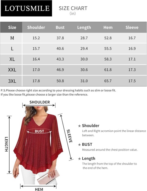 Lotusmile Womens Dressy Blouse Double Layers Mesh Shirt Ruffle 3/4 Flared Sleeve Tunic Tops