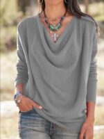 LYANER Women's Draped Cowl Neck Long Sleeve Tunic Blouse Top