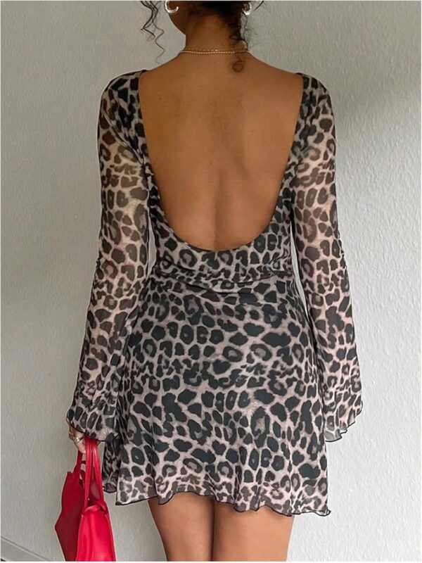 MakeMeChic Women's Leopard Print Dress Y2k Backless Mesh Bell Sleeve Mini Cheetah Print Dress