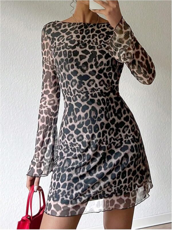 MakeMeChic Women's Leopard Print Dress Y2k Backless Mesh Bell Sleeve Mini Cheetah Print Dress