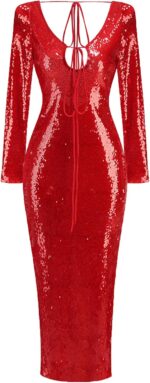 meilun Deep V Dress with Drawstring Long Sleeve Sequin Dress for Women Long Gown