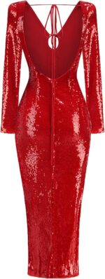 meilun Deep V Dress with Drawstring Long Sleeve Sequin Dress for Women Long Gown