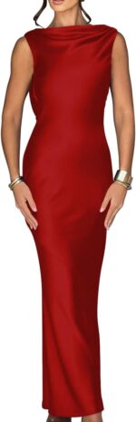 Memoriesea Women's Satin Elegant Sleeveless High Neck Tie Cocktail Party Maxi Dress