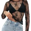 MEROKEETY 2024 Fall Womens Lace Sheer Mesh Long Sleeve Top Crewneck Sexy Y2k See Through Going Out Blouse Shirts