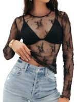 MEROKEETY 2024 Fall Womens Lace Sheer Mesh Long Sleeve Top Crewneck Sexy Y2k See Through Going Out Blouse Shirts