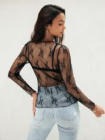 MEROKEETY 2024 Fall Womens Lace Sheer Mesh Long Sleeve Top Crewneck Sexy Y2k See Through Going Out Blouse Shirts