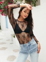 MEROKEETY 2024 Fall Womens Lace Sheer Mesh Long Sleeve Top Crewneck Sexy Y2k See Through Going Out Blouse Shirts