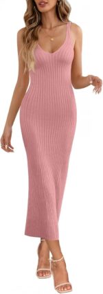 MEROKEETY Womens 2024 Summer V Neck Knit Midi Dress Bodycon Sleeveless Ribbed Sweater Dresses