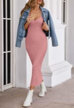 MEROKEETY Womens 2024 Summer V Neck Knit Midi Dress Bodycon Sleeveless Ribbed Sweater Dresses