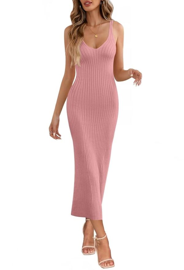 MEROKEETY Womens 2024 Summer V Neck Knit Midi Dress Bodycon Sleeveless Ribbed Sweater Dresses