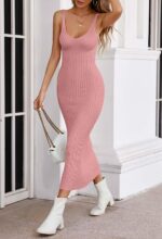 MEROKEETY Womens 2024 Summer V Neck Knit Midi Dress Bodycon Sleeveless Ribbed Sweater Dresses