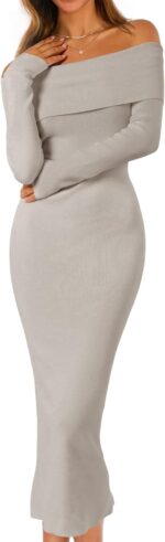 MEROKEETY Women's Formal Off Shoulder Bodycon Sweater Dress Fall Long Sleeve Elegant Cocktail Party Midi Maxi Dress