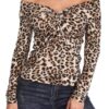 MISS MOLY Leopard Print Tops for Women V Neck Long Sleeve Off Shoulder Knot Chest Ruched Shirt Blouse Slim Sexy