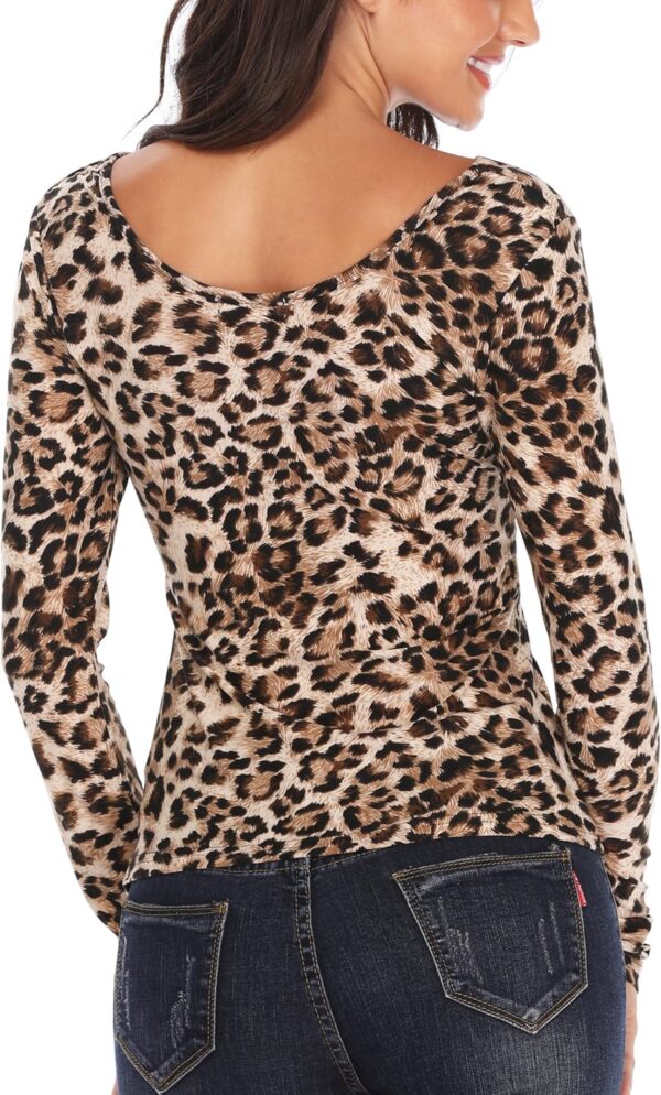 MISS MOLY Leopard Print Tops for Women V Neck Long Sleeve Off Shoulder Knot Chest Ruched Shirt Blouse Slim Sexy