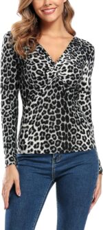 MISS MOLY Leopard Print Tops for Women V Neck Long Sleeve Off Shoulder Knot Chest Ruched Shirt Blouse Slim Sexy