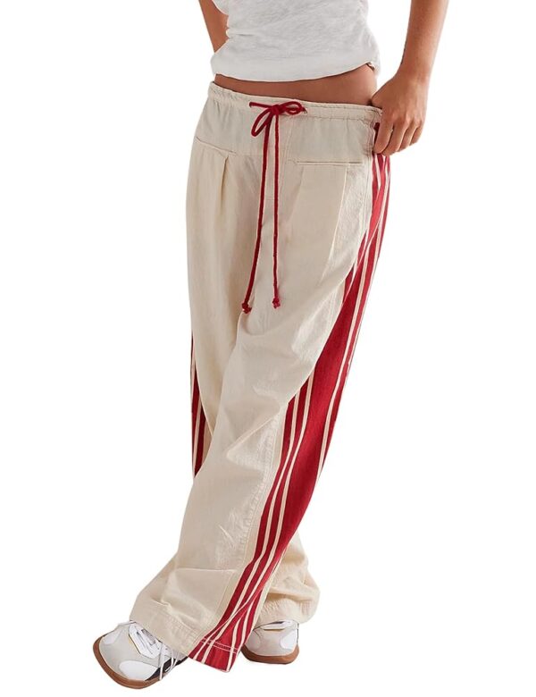 MISSACTIVER Women Side Striped Wide Leg Pants Color Block High Rise Drawstring Sweatpants Baggy Track Pants with Pockets