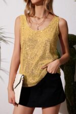 MLEBR Womens Summer Fashion Sequin Tops Scoop Neck Sequin Sparkle Shimmer Sleeveless Tanks Tops Blouses