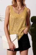 MLEBR Womens Summer Fashion Sequin Tops Scoop Neck Sequin Sparkle Shimmer Sleeveless Tanks Tops Blouses