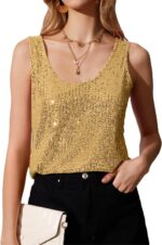 MLEBR Womens Summer Fashion Sequin Tops Scoop Neck Sequin Sparkle Shimmer Sleeveless Tanks Tops Blouses