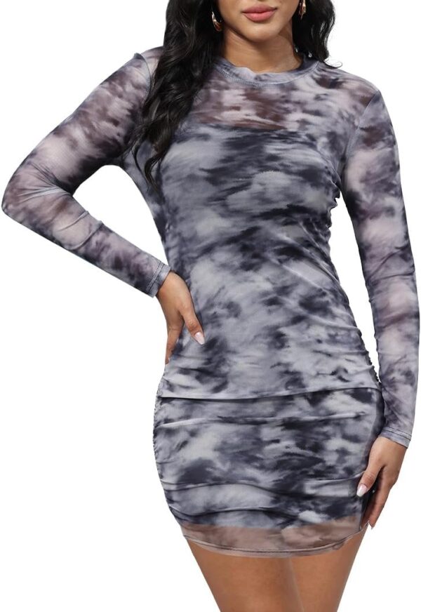 MOEENCN Sexy Long Sleeve Mini Dress for Women Sheer Mesh Printed 2 Piece Skirt Set Crew Neck See Through Bodycon Clubwear