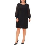 MSK Women Womens Black Illusion Knee Puff Sleeve Shift Dress Plus 1X BHFO 6323