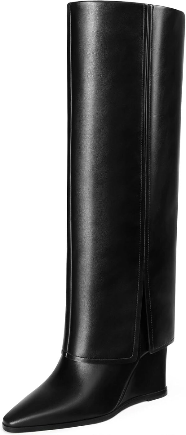 MUCCCUTE Knee High Boots for Women - Fold Over Knee High Wedge High Heel Pointed Toe Tall Boots with Full Side Zipper PU Long Boot