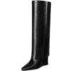 MUCCCUTE Knee High Boots for Women - Fold Over Knee High Wedge High Heel Pointed Toe Tall Boots with Full Side Zipper PU Long Boot