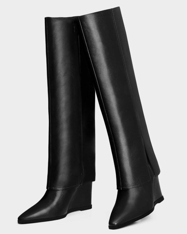 MUCCCUTE Knee High Boots for Women - Fold Over Knee High Wedge High Heel Pointed Toe Tall Boots with Full Side Zipper PU Long Boot