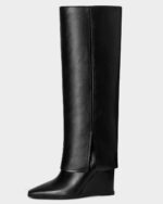 MUCCCUTE Knee High Boots for Women - Fold Over Knee High Wedge High Heel Pointed Toe Tall Boots with Full Side Zipper PU Long Boot