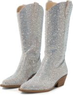 MUCCCUTE Women's Rhinestone Mid Calf Boots Sparkly Block Heel Cowboy Boots Glitter Boots