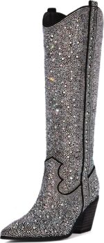 MUCCCUTE Women's Rhinestone Mid Calf Boots Sparkly Block Heel Cowboy Boots Glitter Boots