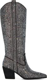 MUCCCUTE Women's Rhinestone Mid Calf Boots Sparkly Block Heel Cowboy Boots Glitter Boots