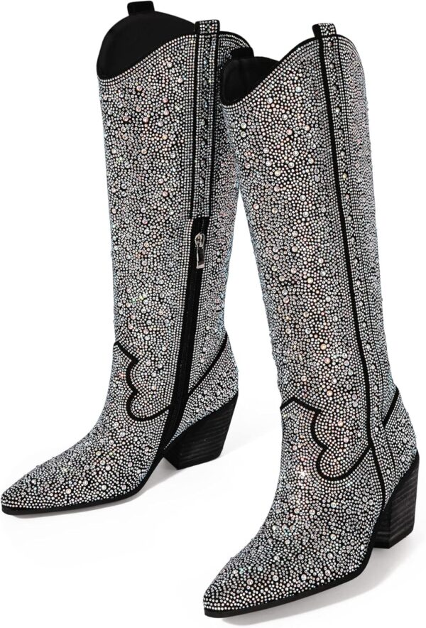 MUCCCUTE Women's Rhinestone Mid Calf Boots Sparkly Block Heel Cowboy Boots Glitter Boots