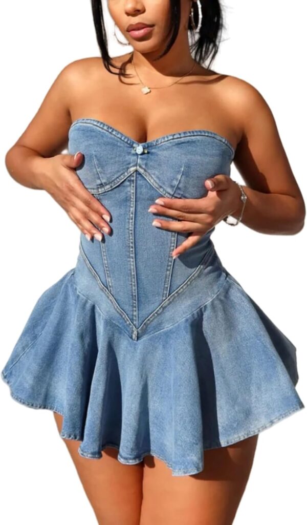 NRTHYE Women's Sexy Strapless Denim Dress Off Shoulder Corset Tube Summer Mini Jean Dresses