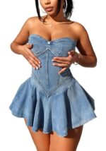 NRTHYE Women's Sexy Strapless Denim Dress Off Shoulder Corset Tube Summer Mini Jean Dresses